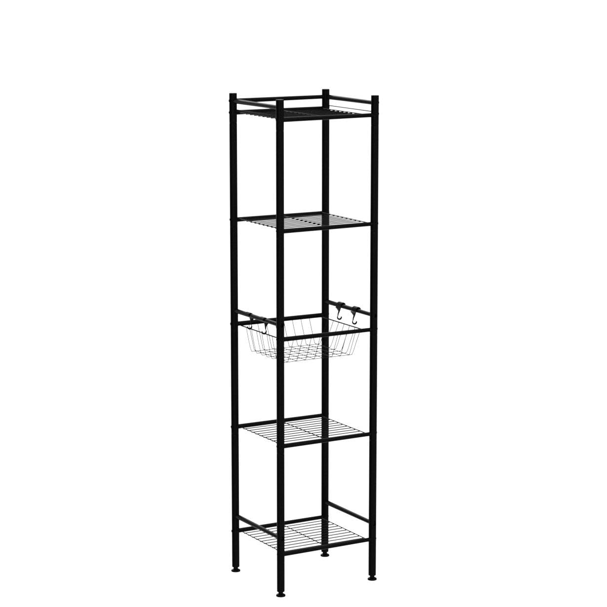 L&H UNICO 5-Tier Freestanding Shelving Units Adjustable Metal Rack with Storage Basket for Small Space, Bathroom, Living Room, Kitchen, Black