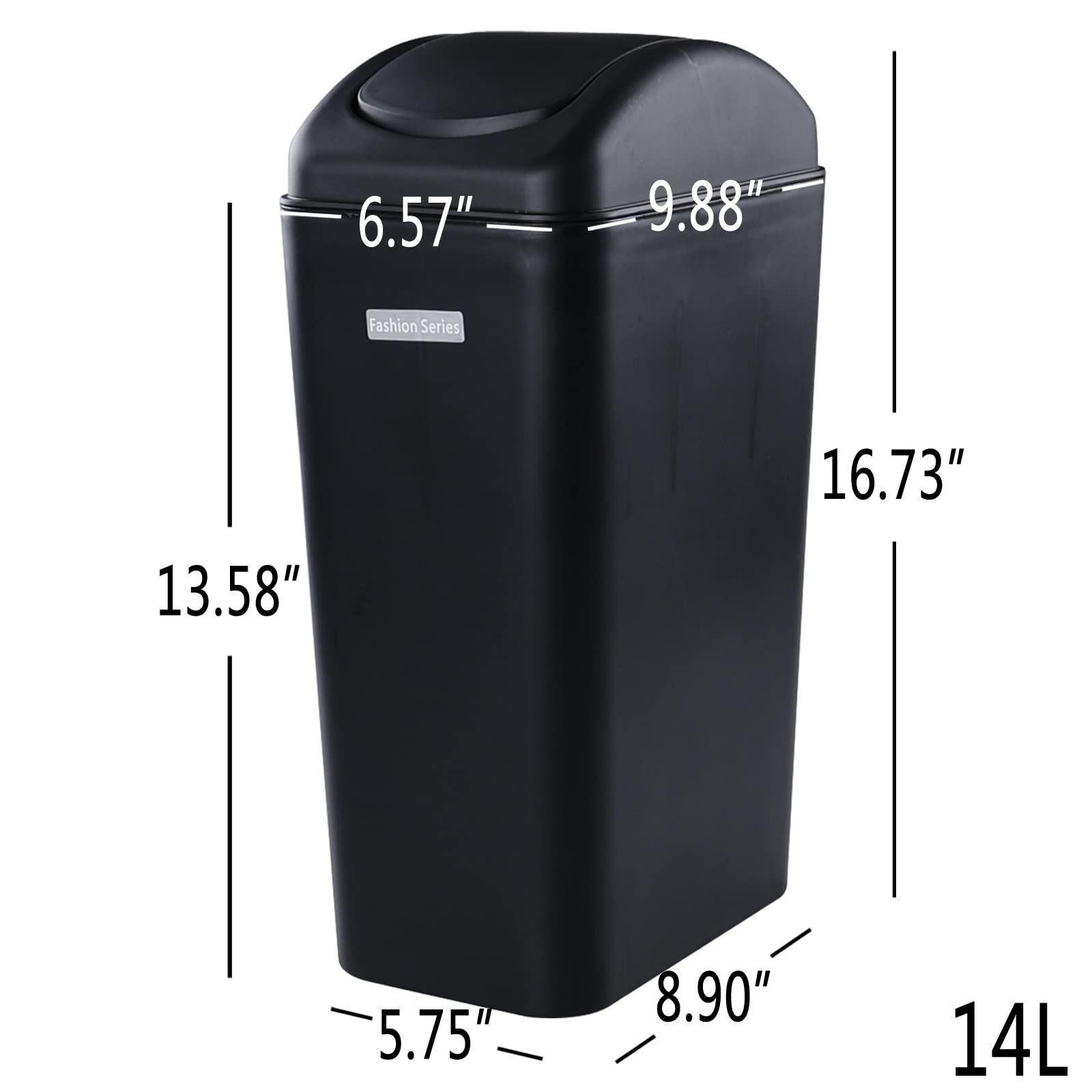 Yuright 2 Pack 14 L Slim Plastic Kitchen Garbage Can, Black Swing Top Trash Can, F