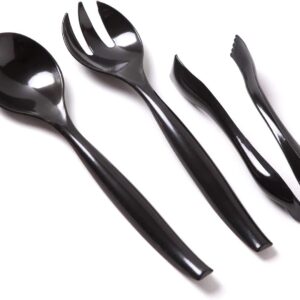 VeZee's Plastic Serving Utensils, Black Heavy Duty Disposable utensil | Set 10" Spoons 10" Forks 6" Tongs | 6 Each in One Set| 18 Pcs