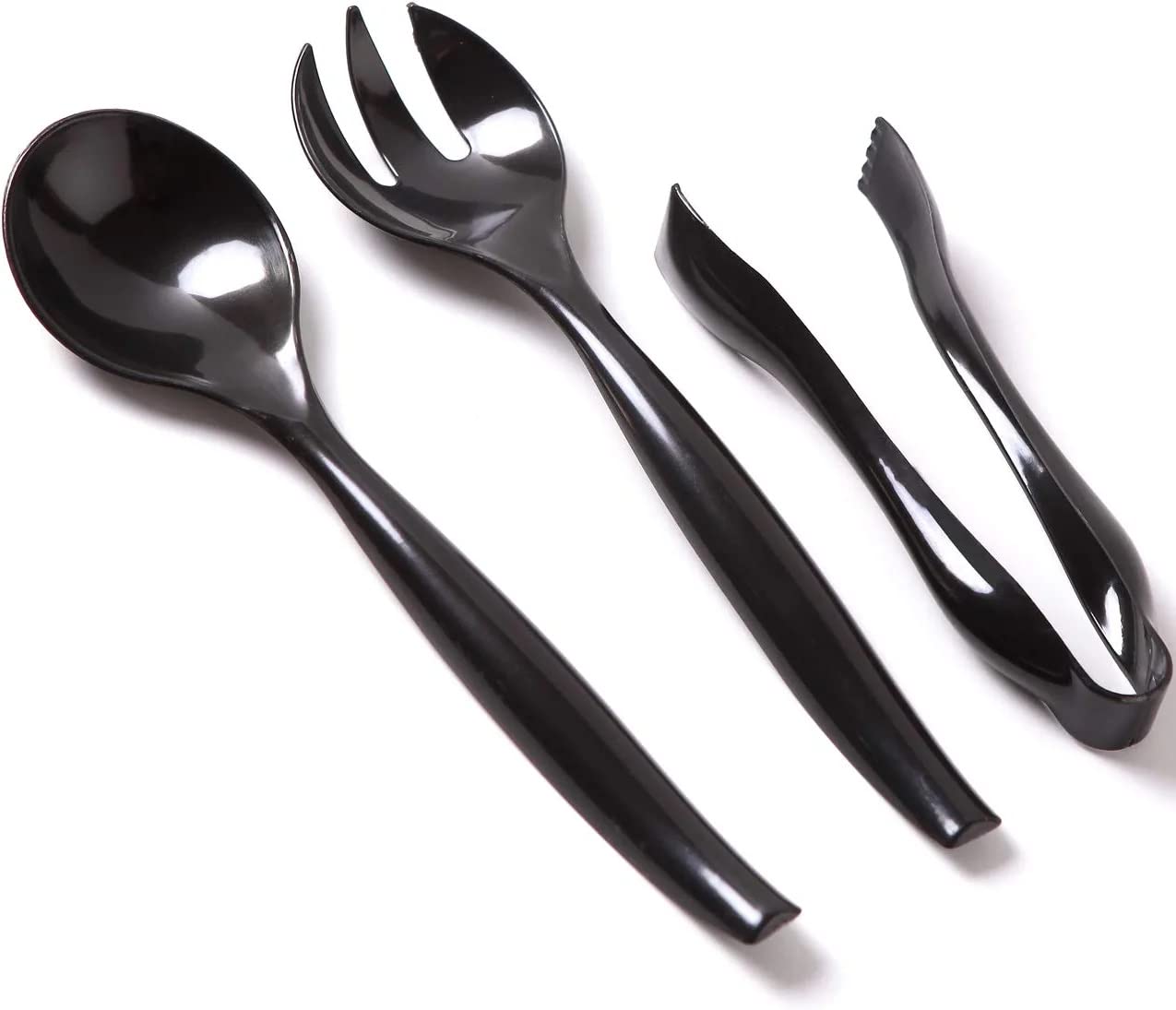 VeZee's Plastic Serving Utensils, Black Heavy Duty Disposable utensil | Set 10" Spoons 10" Forks 6" Tongs | 6 Each in One Set| 18 Pcs