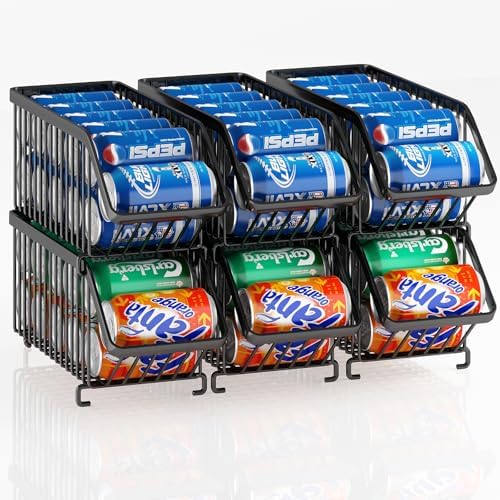 GILLAS 6 Pack Stackable Soda Can Organizer for Refrigerator, Can Holder Dispenser, Canned Food Storage Rack for Fridge, Kitchen, Countertops, Cabinets, Black