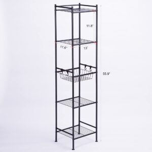 L&H UNICO 5-Tier Freestanding Shelving Units Adjustable Metal Rack with Storage Basket for Small Space, Bathroom, Living Room, Kitchen, Black