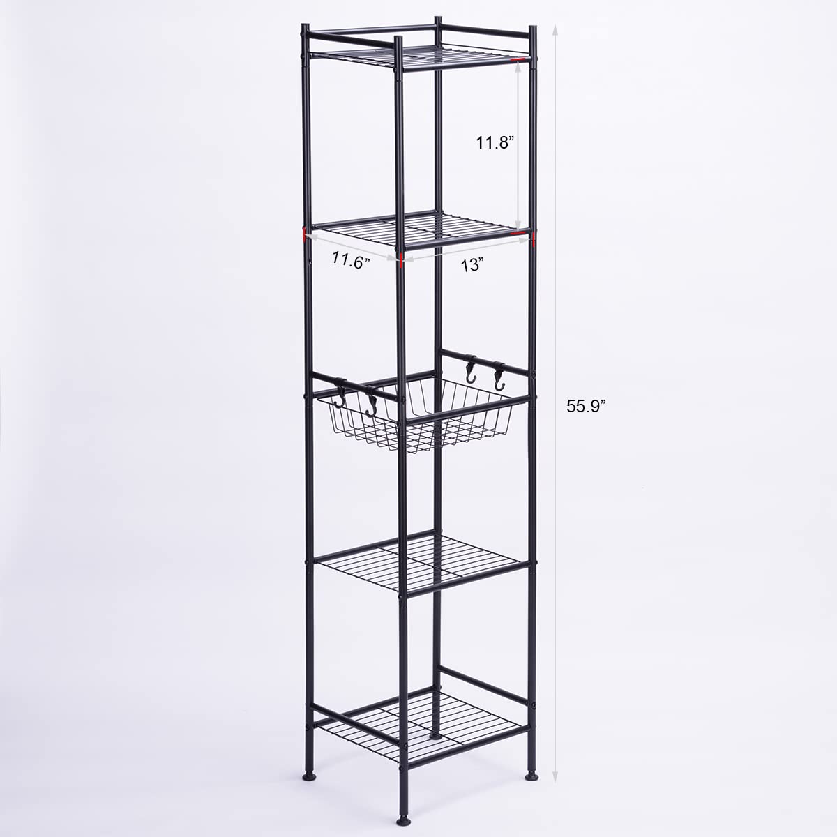 L&H UNICO 5-Tier Freestanding Shelving Units Adjustable Metal Rack with Storage Basket for Small Space, Bathroom, Living Room, Kitchen, Black