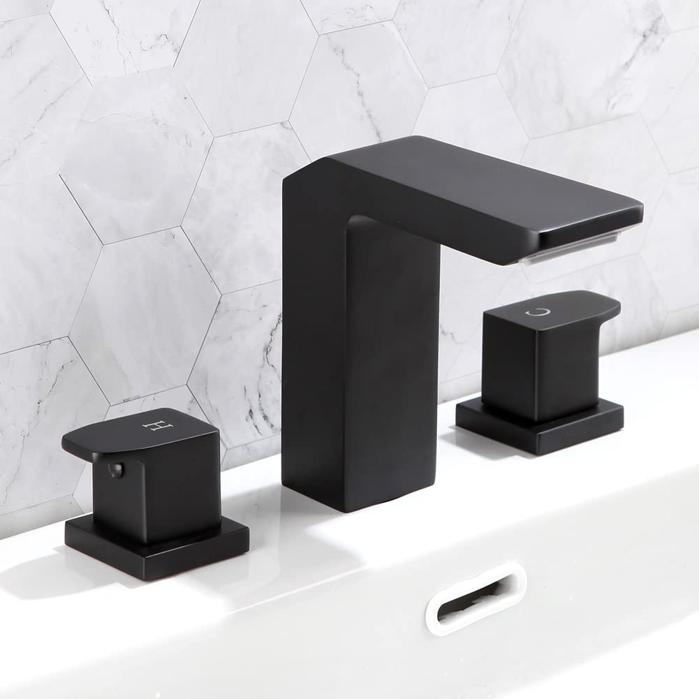 POP SANITARYWARE Matte Black 2-Handle Widespread Bathroom Sink Faucet for 3 Holes Solid Brass 8 Inches Waterfall Bathroom Vanity Faucet Basin Mixer Faucets