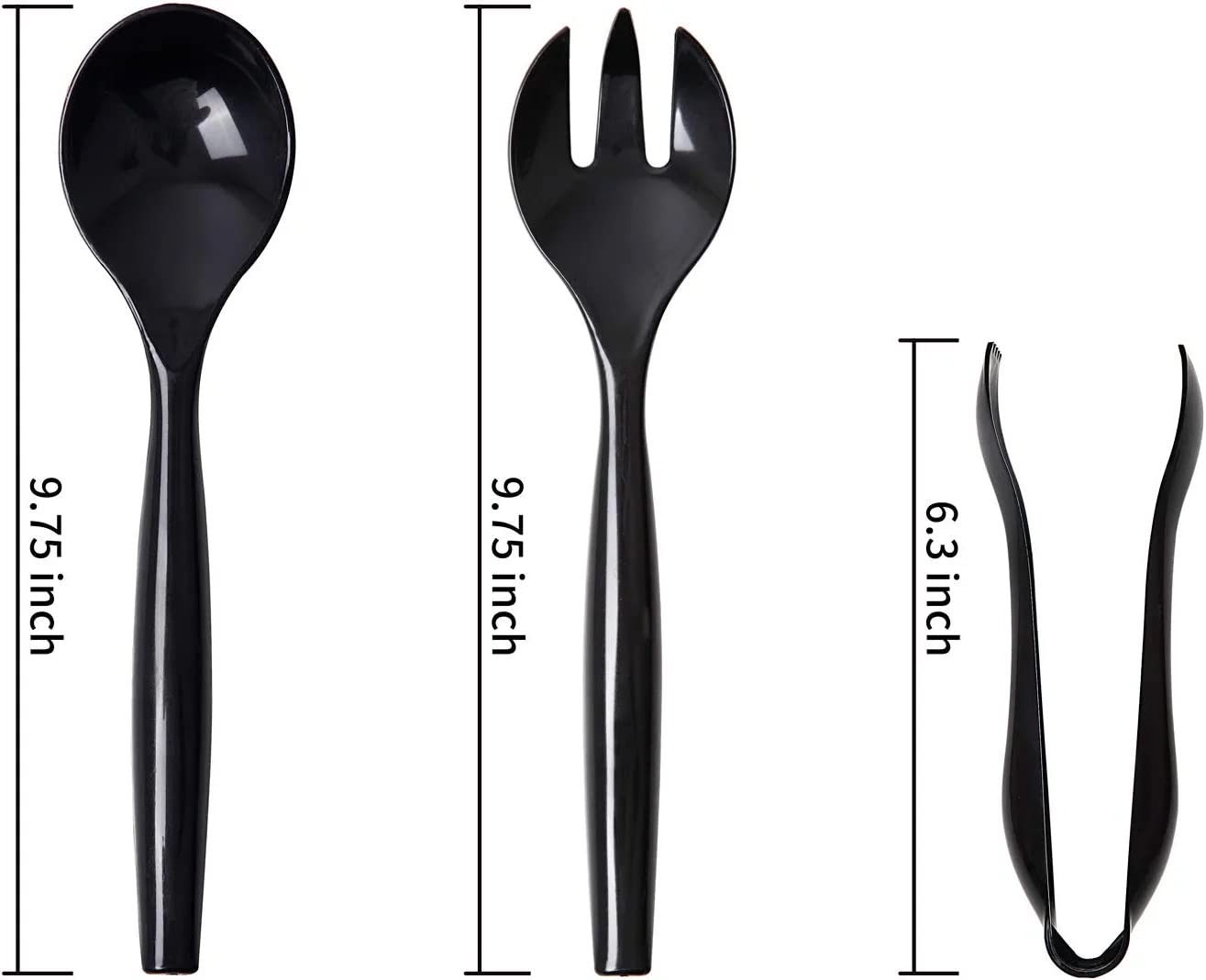 VeZee's Plastic Serving Utensils, Black Heavy Duty Disposable utensil | Set 10" Spoons 10" Forks 6" Tongs | 6 Each in One Set| 18 Pcs