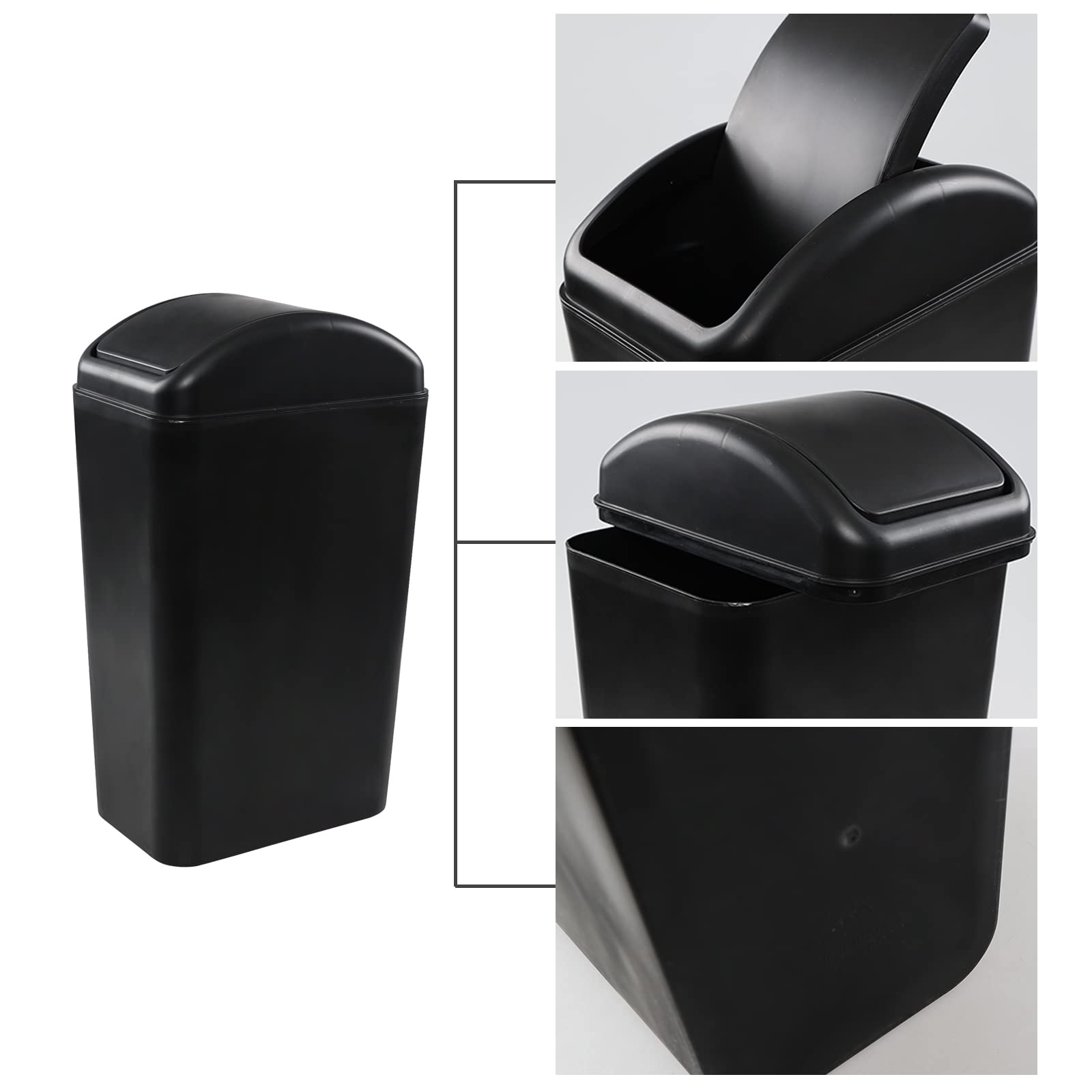 Yuright 2 Pack 14 L Slim Plastic Kitchen Garbage Can, Black Swing Top Trash Can, F