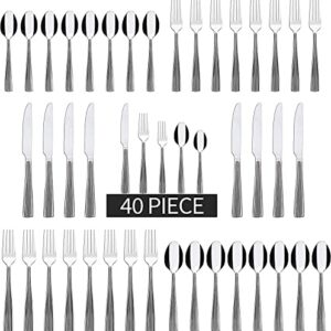 KOOMADE EMPIRE 40-Piece Silverware Set for 8, Mirror Polished Stainless Steel Flatware (Dinner, Salad Forks, Knives, Spoons, Teaspoons) Dishwasher Safe