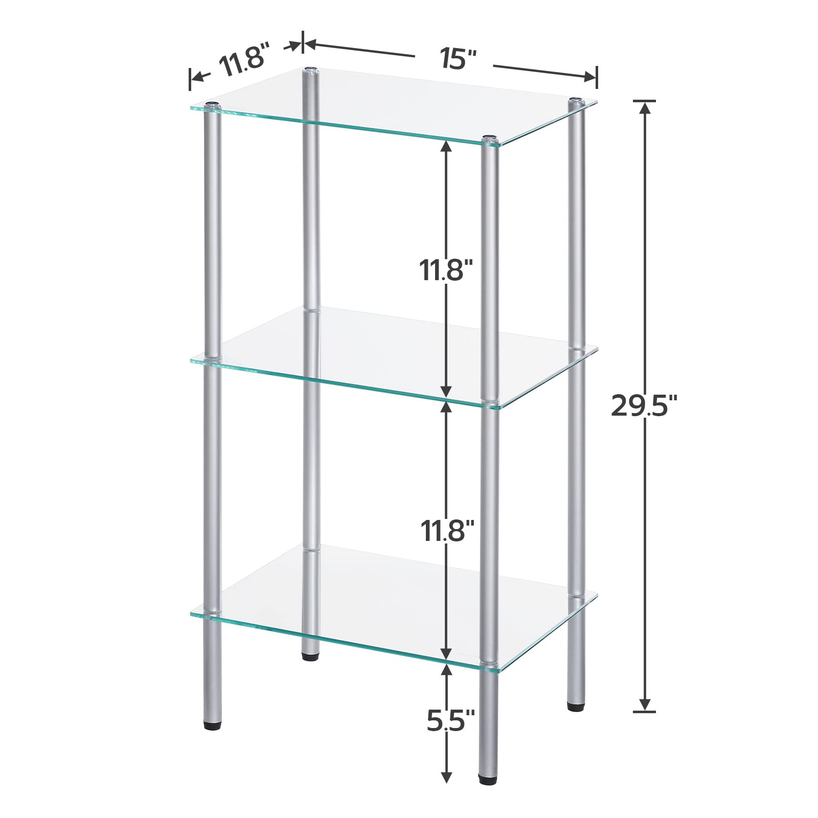 HOOBRO Glass Shelf, 3 Tier Standing Shelf Unit, Durable Glass Shelving Stand for Small Space, Space-Saving, for Bathroom, Bedroom, Home Office, Tempered Glass, Steel Frame, Silver SV03CJ01