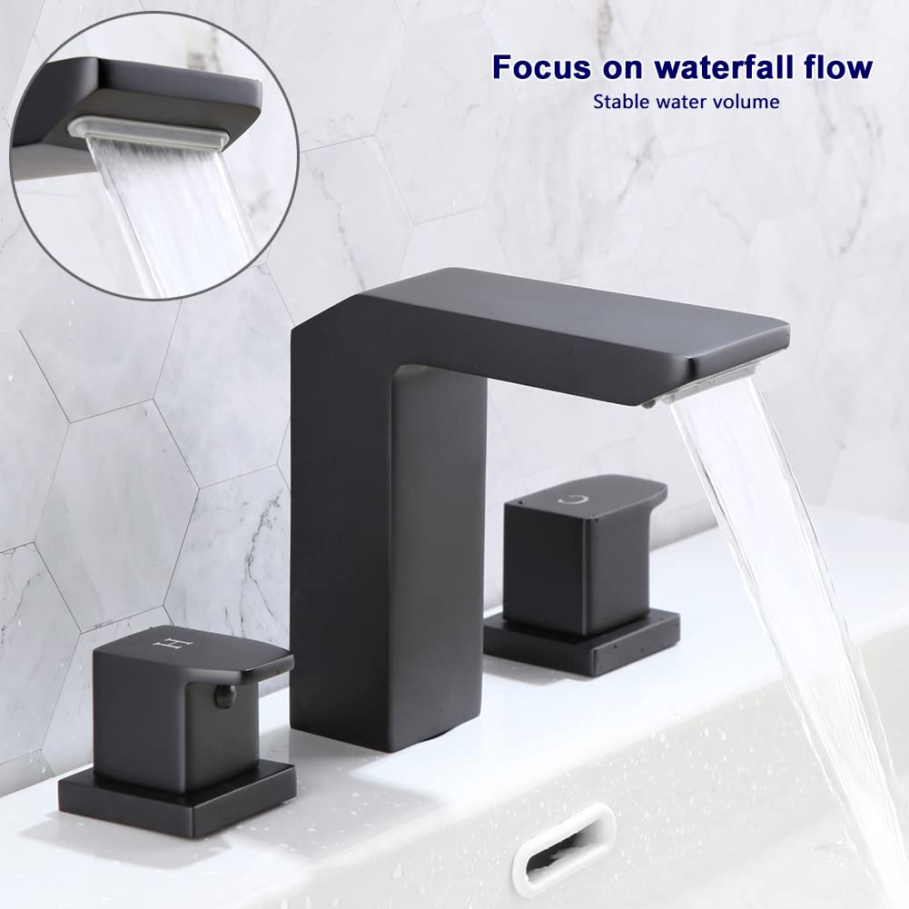 POP SANITARYWARE Matte Black 2-Handle Widespread Bathroom Sink Faucet for 3 Holes Solid Brass 8 Inches Waterfall Bathroom Vanity Faucet Basin Mixer Faucets