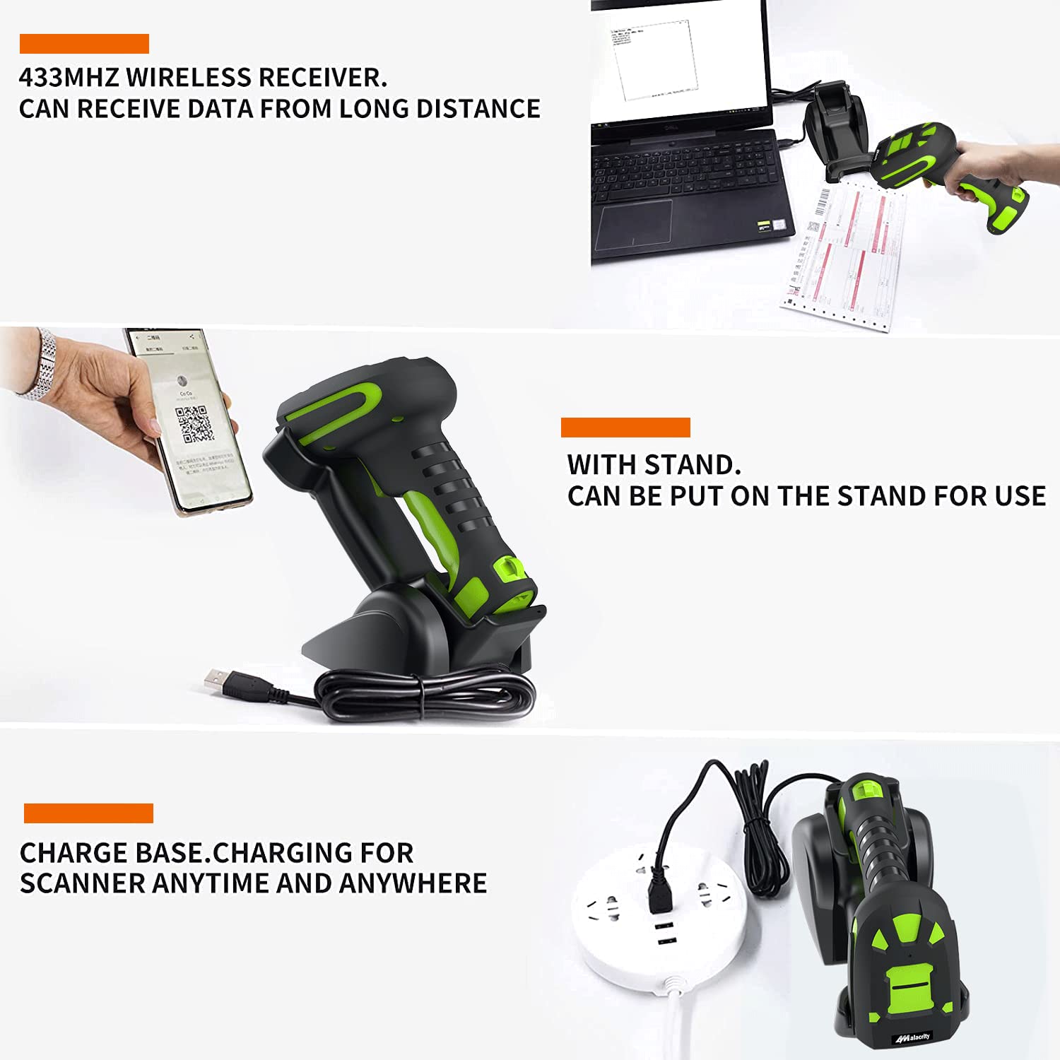 Alacrity 2D Industrial Wireless Barcode Scanner with Charging Stand, Bluetooth Drop Resistant, 1968 Feet Transmission Distance 433Mhz QR 1D Bar Code Reader