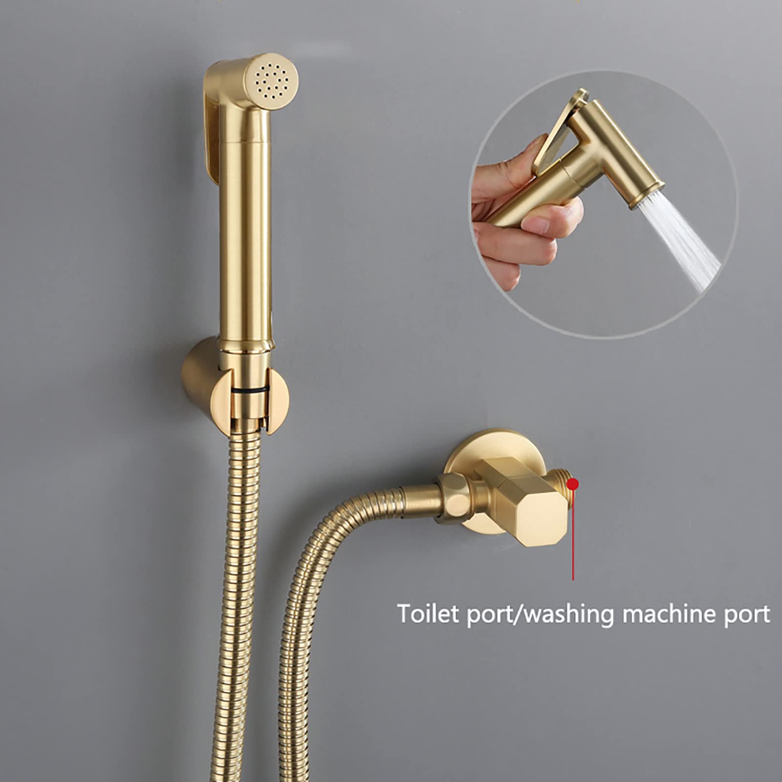 Handheld Bidet Sprayer for Toilet, Brushed Gold Brass Bathroom Cloth Diaper Sprayer Set with Angle Valve, Wall Mounted Toilet Bidet Sprayer Kit for Feminine Hygiene, Bathing Pets