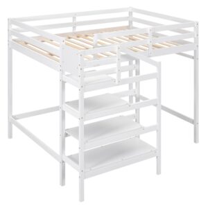 Full Loft Bed with Stairs Wood Frame Storage Shelves and Hanging Rod White Beds for Kids Boys Girls Adults Teens Dorm Bedroom, Full Size White With Stairs