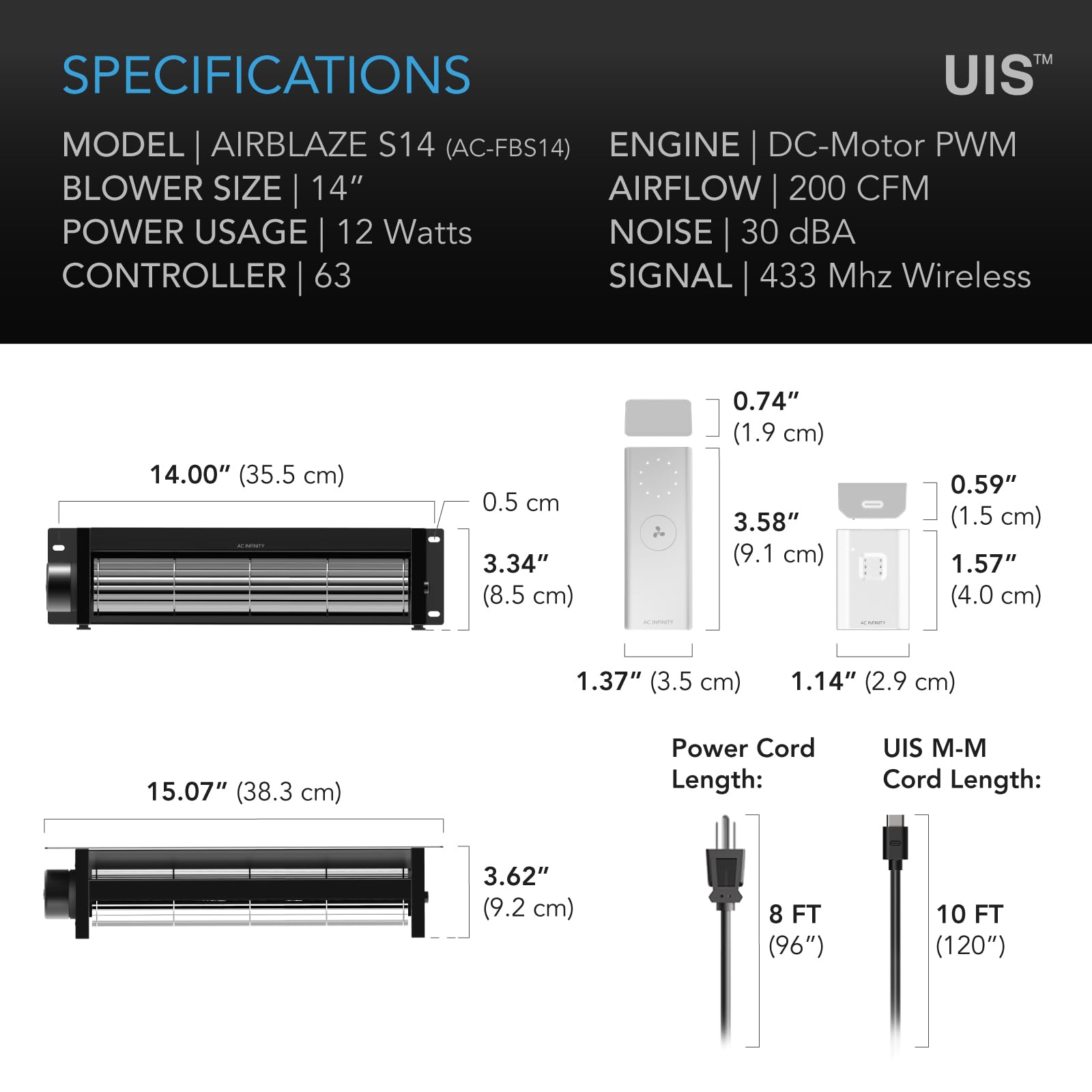 AC Infinity AIRBLAZE S14, Universal Fireplace Blower Fan Kit 14” with Wireless 10-Speed Controller, Compatible with Lennox, Hearth Glo, Majestic, Rotom Fireplaces, for Home Heat Circulation