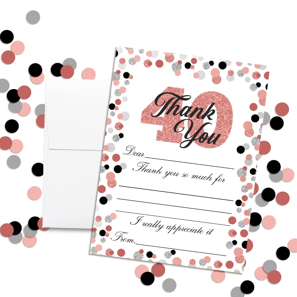 Amanda Creation Confetti Rose Gold Polka Dot 40th Birthday Themed Thank You Notes, Ten 4" x 5.5" Fill In the Blank Cards with 10 White Envelopes