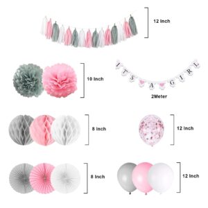 Baby Shower Decorations for Girl, It’s A girl Banner with Paper Fan Tissue Pompoms Honeycomb Ball Party Balloons Foil Tassel, Pink and Grey It’s A girl Baby Shower Decorations