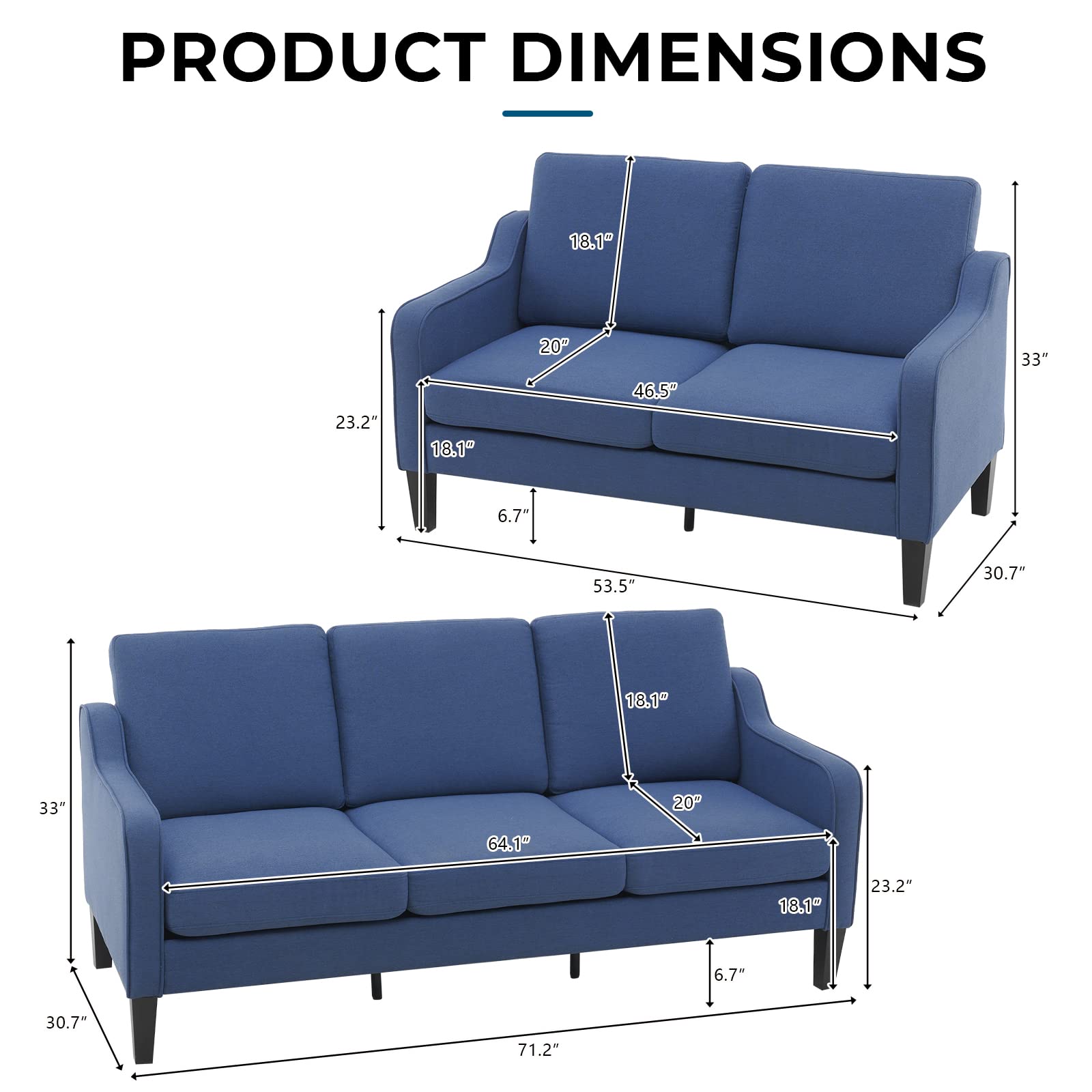 VINGLI Mid-Century Modern Loveseat and Sofa Set,53" Small Love Seat+71" Sofa Couch for Living Room,Bedroom,Apartment (Navy Blue)