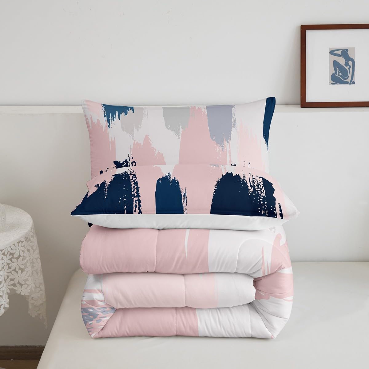 Feelyou Pink Navy Blue Graffiti Comforter Set for Girls Boys Abstract Geometric Comforter Modern Abstract Art Painting Bedding Set Artistic Smear Duvet Set Full Size Quilt Set 3Pcs