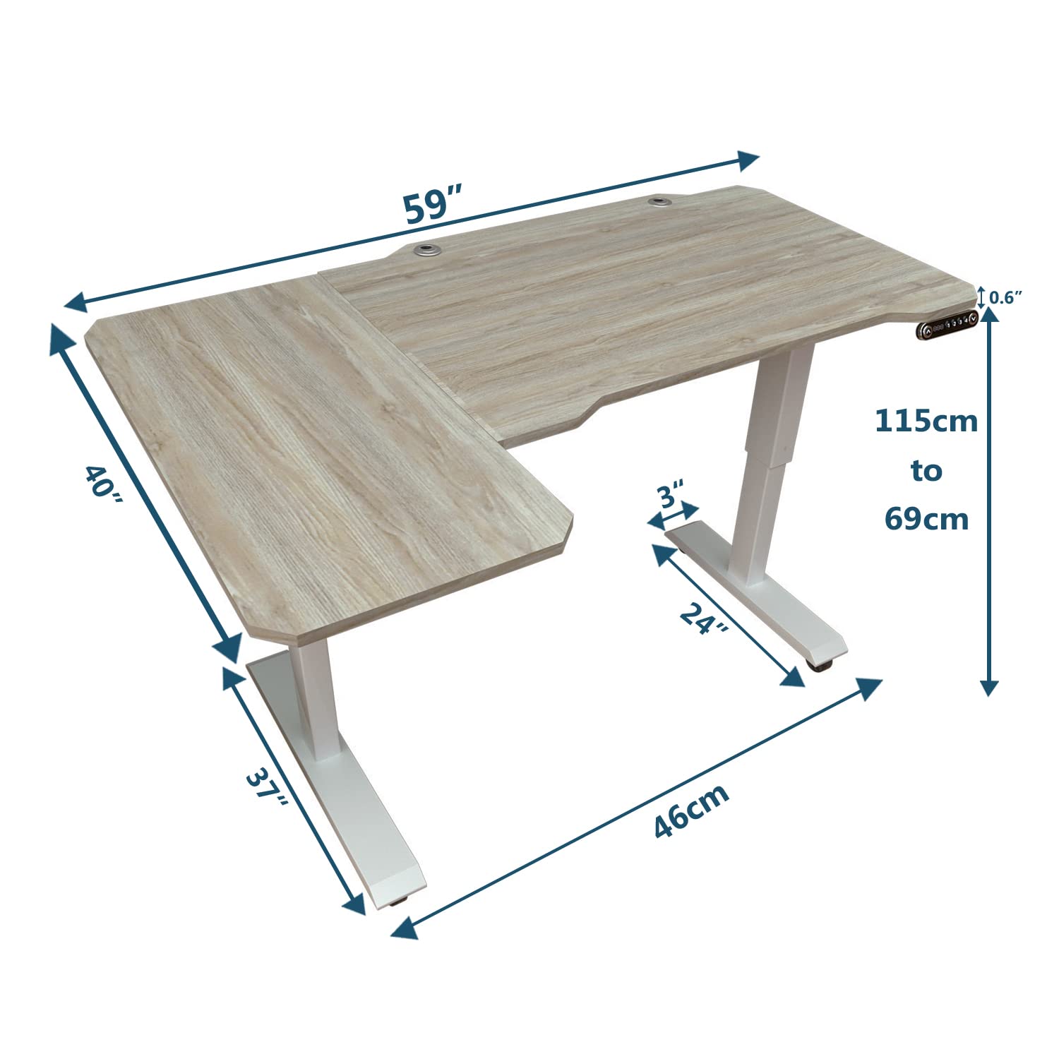 Jceet Adjustable Height L-Shaped 59 Inch Electric Standing Desk - Sit Stand Computer Desk, Stand Up Desk Table for Home Office, White Frame and Oak Top