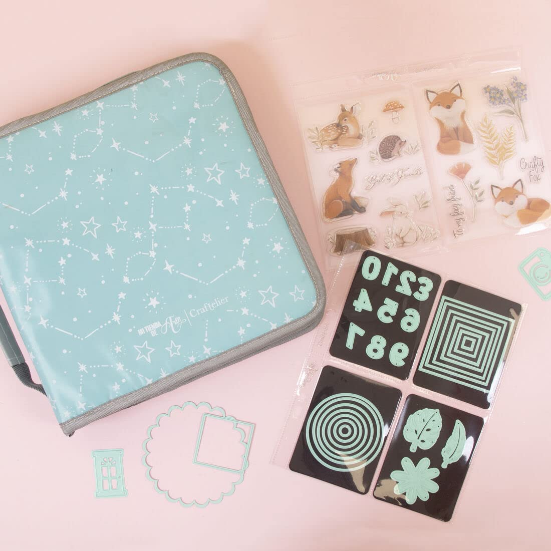 Craftelier - Stamp and Die Organiser | 2 D-Ring System for 6" x 8" Pouches | Size 25.5 x 25.5 x 7 cm (10" x 10" x 2.75") - Turquoise with Constellation Pattern