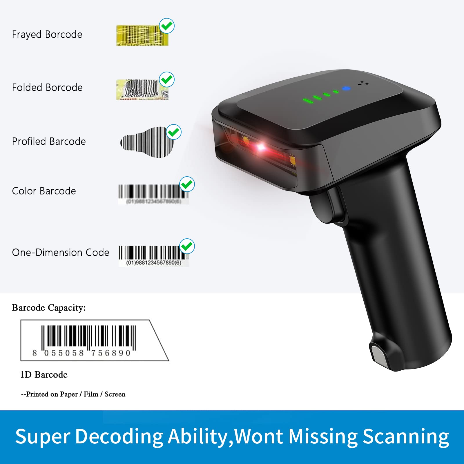 Alacrity Bluetooth Barcode Scanner Wireless 1D Laser Barcode Reader with Battery Level Indicator, 3 in 1 Bluetooth & 2.4GHz Wireless & USB Wired Bar Code Scanner