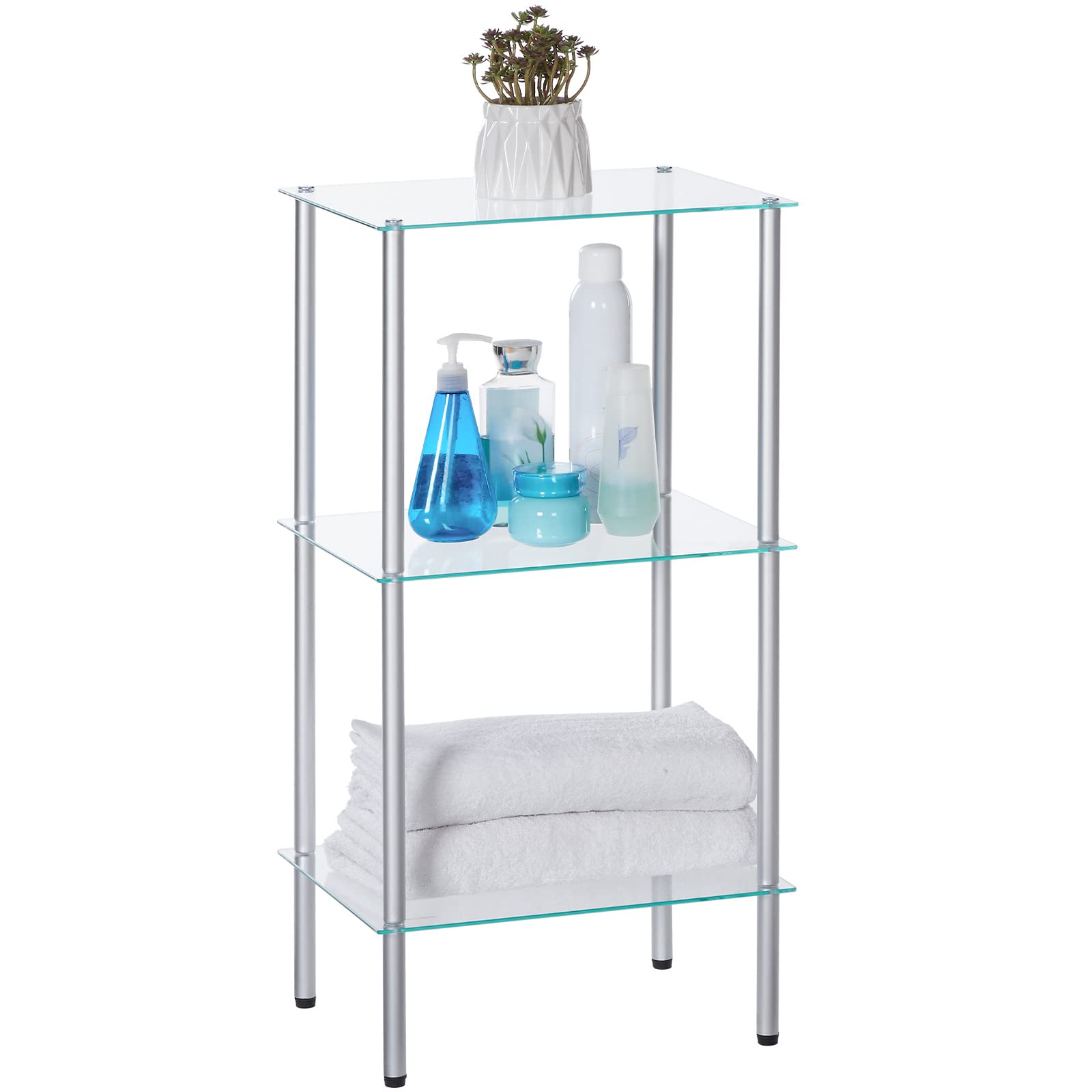 HOOBRO Glass Shelf, 3 Tier Standing Shelf Unit, Durable Glass Shelving Stand for Small Space, Space-Saving, for Bathroom, Bedroom, Home Office, Tempered Glass, Steel Frame, Silver SV03CJ01