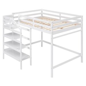 Full Loft Bed with Stairs Wood Frame Storage Shelves and Hanging Rod White Beds for Kids Boys Girls Adults Teens Dorm Bedroom, Full Size White With Stairs