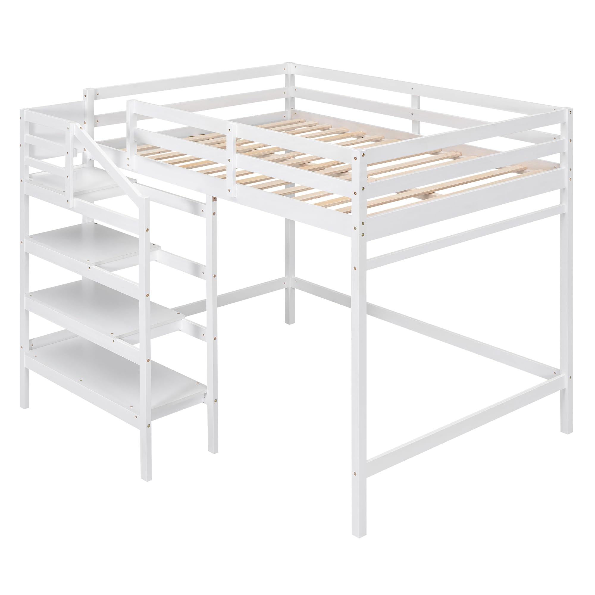 Full Loft Bed with Stairs Wood Frame Storage Shelves and Hanging Rod White Beds for Kids Boys Girls Adults Teens Dorm Bedroom, Full Size White With Stairs