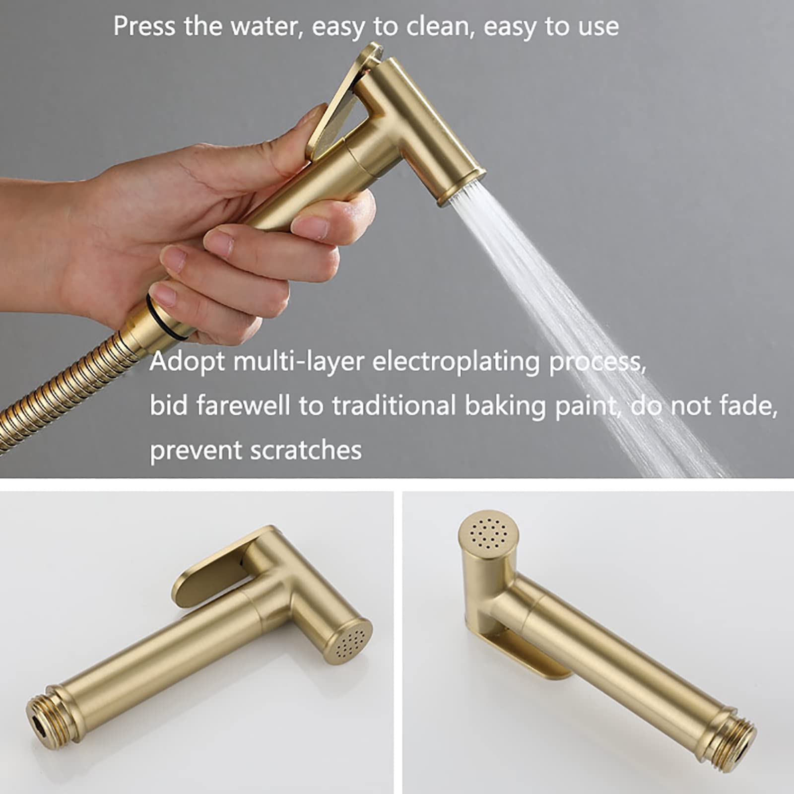 Handheld Bidet Sprayer for Toilet, Brushed Gold Brass Bathroom Cloth Diaper Sprayer Set with Angle Valve, Wall Mounted Toilet Bidet Sprayer Kit for Feminine Hygiene, Bathing Pets