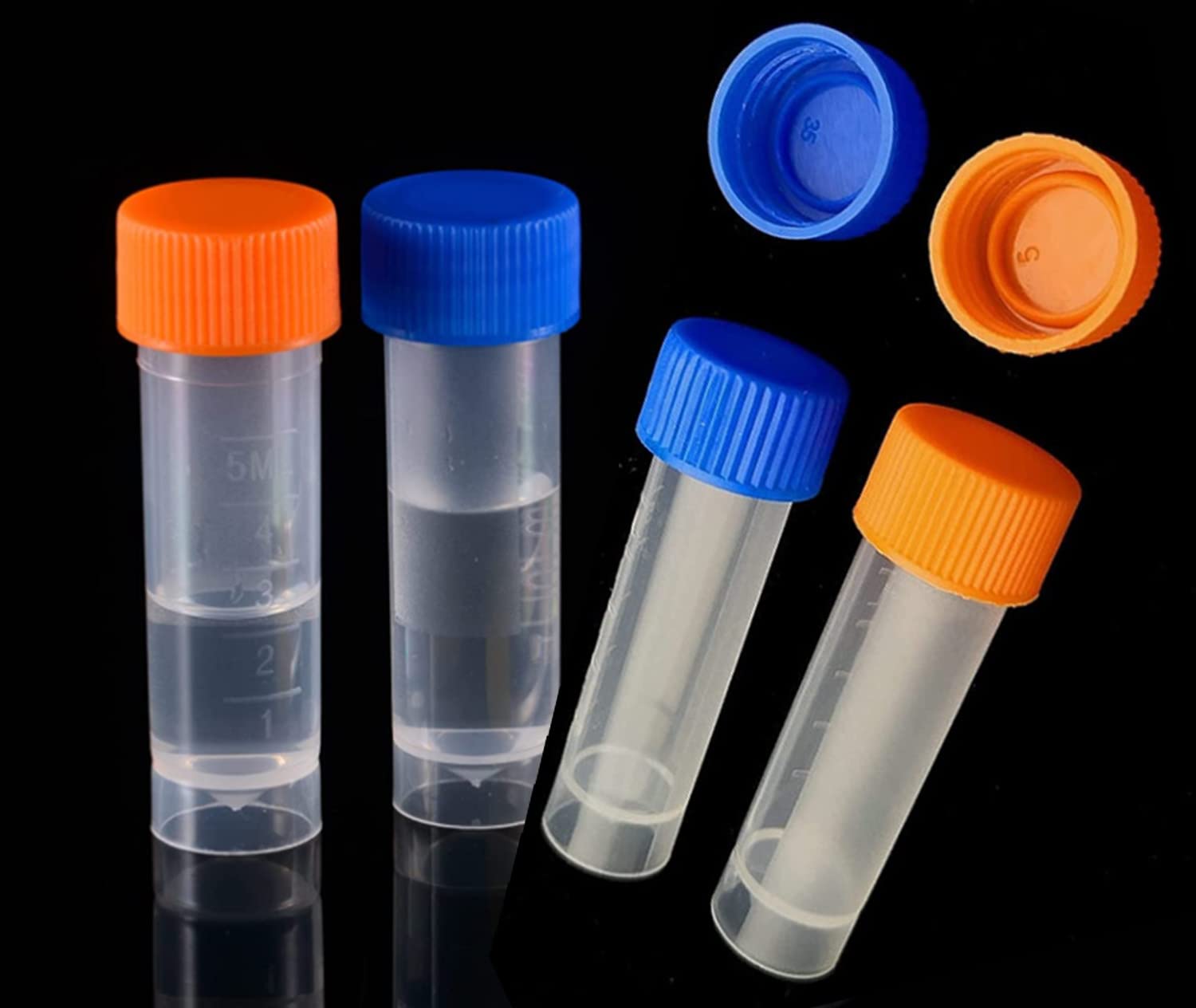 50 Pack 5ml Cryo Tubes，Plastic Graduated Vial Tube with Screw Caps,Small Test Sample Bottles Tubes Container with Lid，PP Material ，with Silica Gel Gasket (50) Bagged Blue and Orange