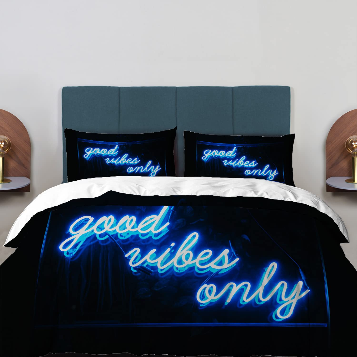 BaoNews Blue Neon Signage Duvet Cover Set Full Size,3 Pieces Good Vibes Only Words Blue Neon Bedding Set Hotel Quality 100% Cotton Comforter Cover Set with 2 Pillowcases(No Filler)