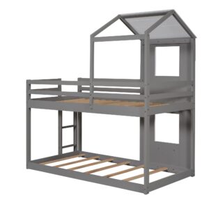 Bellemave Twin Bunk Beds with House Shape, House Bunk Bed with Roof, Window & Ladders, Twin Over Twin Bunk Bed for Kids Girls Boys Teens (Grey)