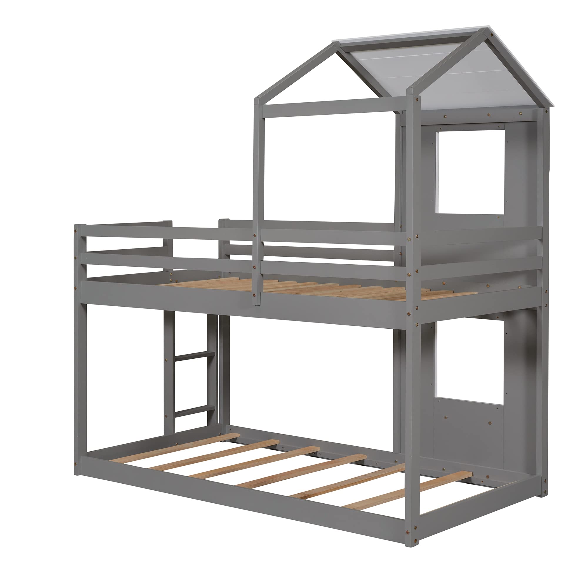 Bellemave Twin Bunk Beds with House Shape, House Bunk Bed with Roof, Window & Ladders, Twin Over Twin Bunk Bed for Kids Girls Boys Teens (Grey)