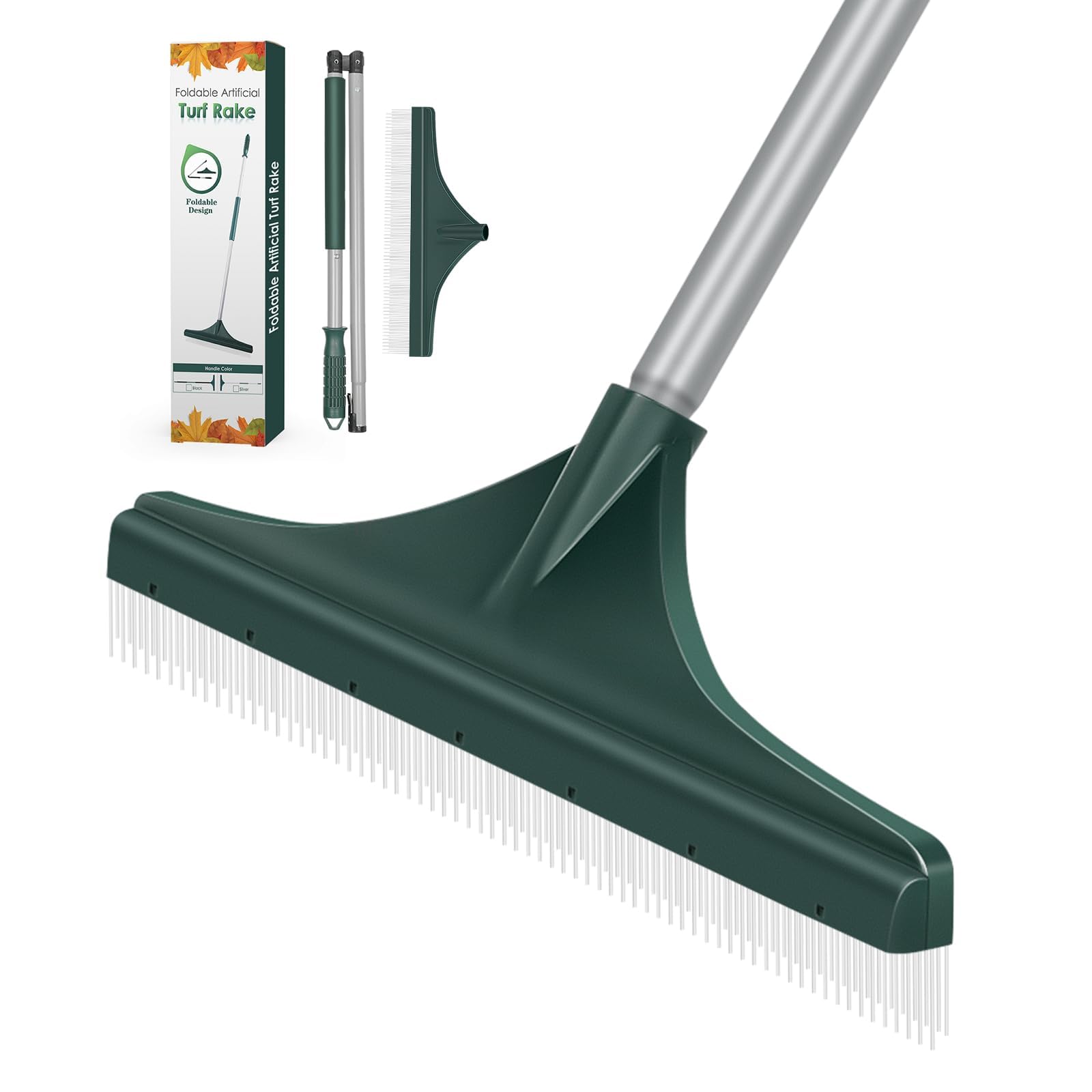 Artificial Grass Turf Rake with Foldable Lightweight Steel Handle, 51" Folding Turf Brush for Carpet Cleaner with Ergonomic Design, Suitable for Pet Hair Removal, Silver Handle and Green Head