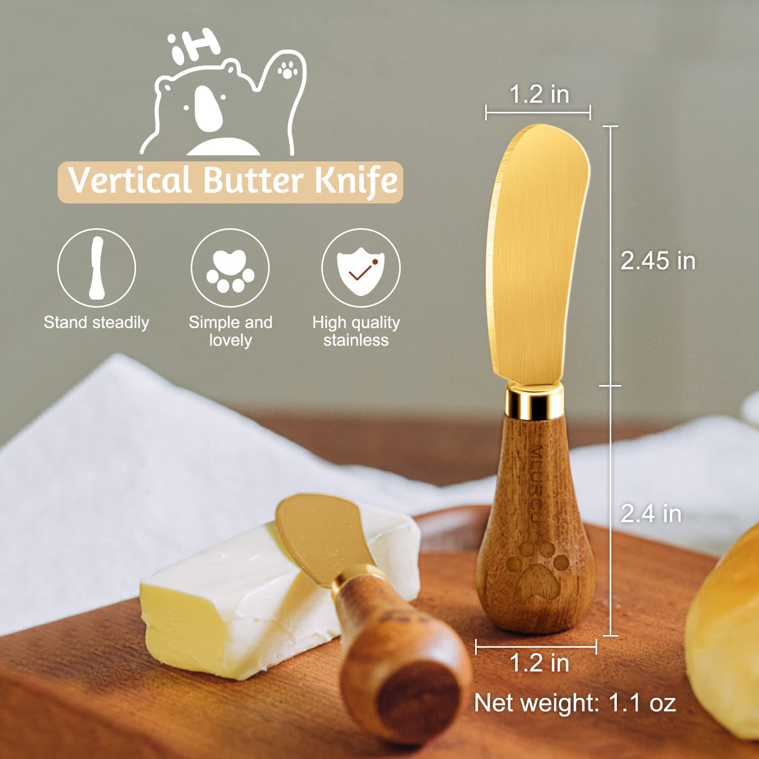 Standing Butter Spreader Knife Gold Butter Knives Set of 4 Cheese Spreader Knives Stainless Steel Charcuterie Knives Butter Cutter Vertical Butter Knife Spreader for Cold Butter Cheese Jam Spreading