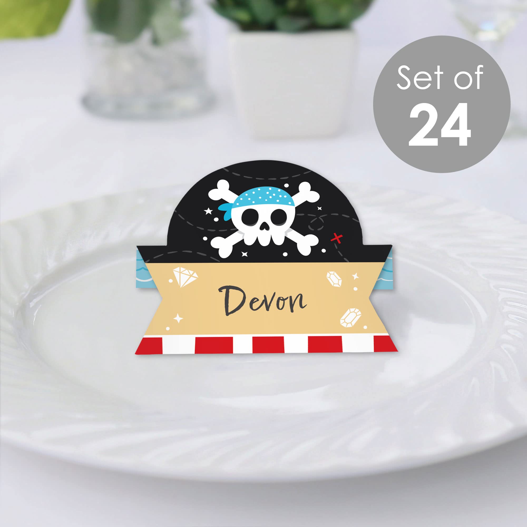 Big Dot of Happiness Pirate Ship Adventures - Skull Birthday Party Tent Buffet Card - Table Setting Name Place Cards - Set of 24