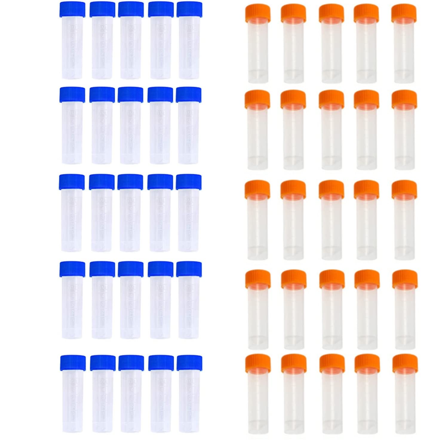 50 Pack 5ml Cryo Tubes，Plastic Graduated Vial Tube with Screw Caps,Small Test Sample Bottles Tubes Container with Lid，PP Material ，with Silica Gel Gasket (50) Bagged Blue and Orange