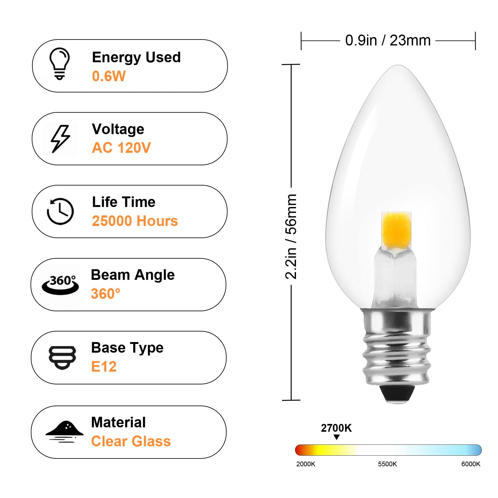 Visther C7 LED-COB Night Light Bulbs, E12 Base Candelabra Replacement Bulb, Warm White String Light, 0.6W Equivalent 7W (6 Pack)