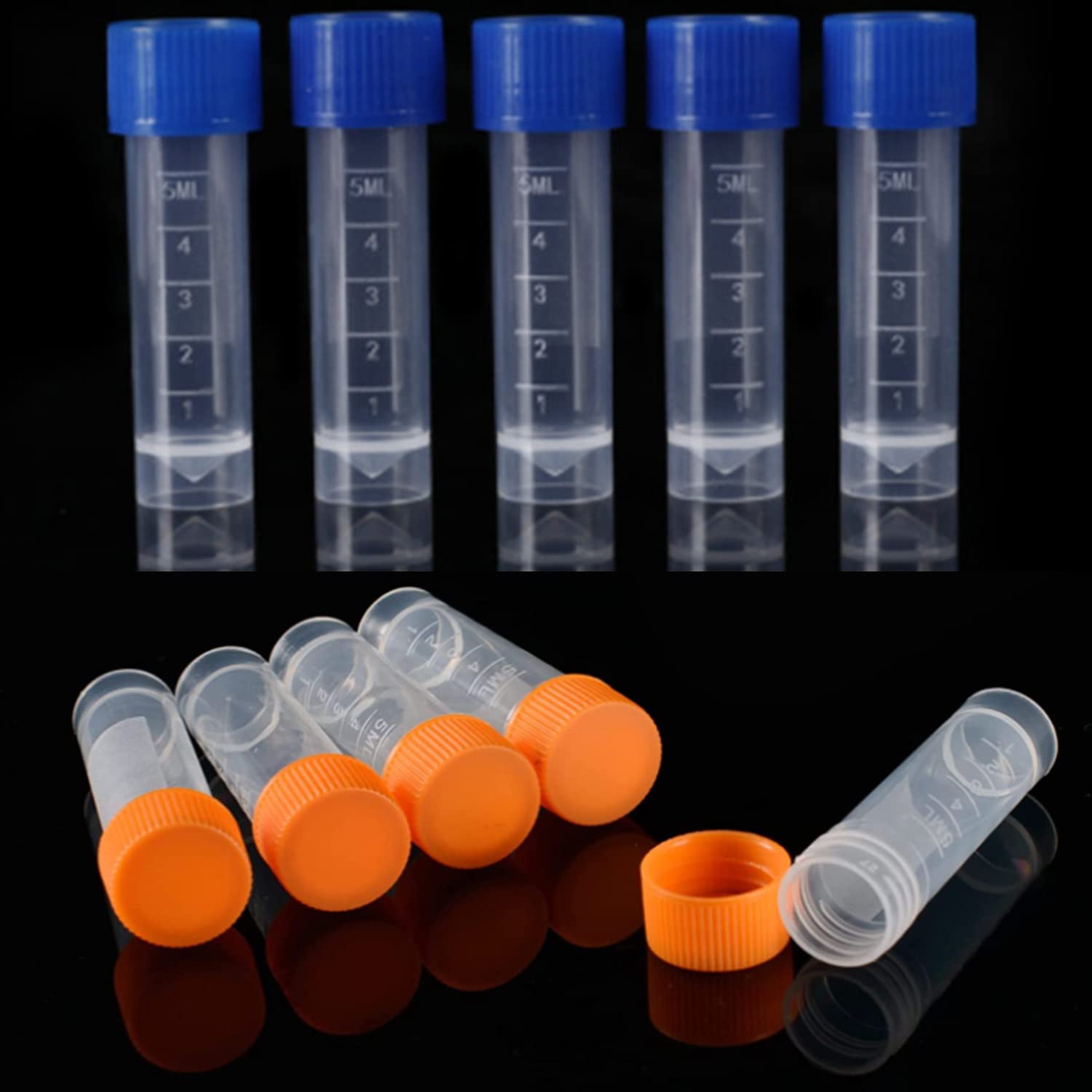 50 Pack 5ml Cryo Tubes，Plastic Graduated Vial Tube with Screw Caps,Small Test Sample Bottles Tubes Container with Lid，PP Material ，with Silica Gel Gasket (50) Bagged Blue and Orange