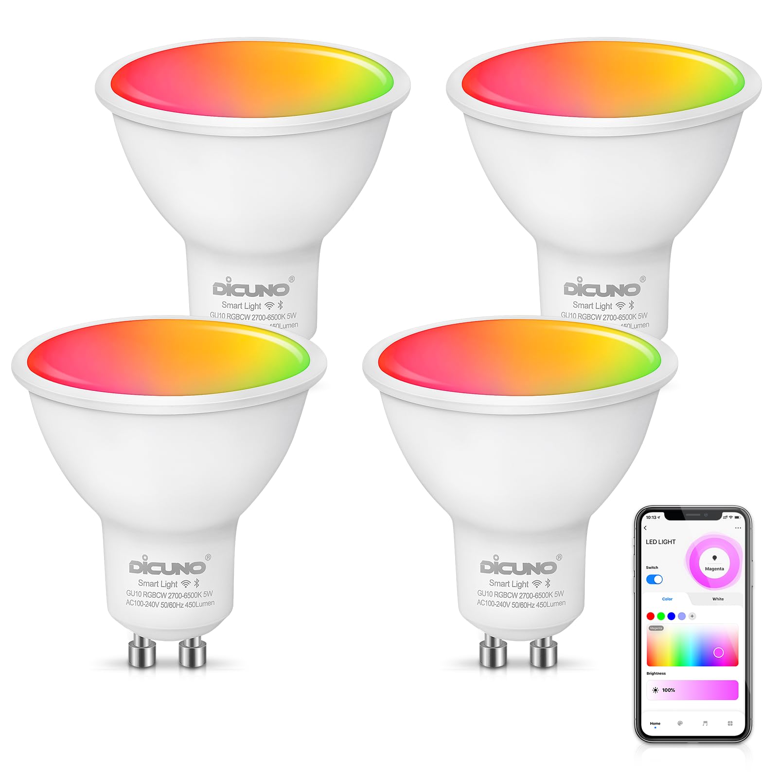 DiCUNO GU10 Smart LED Bulb, RGB Color Changing LED Compatible with Alexa & Google Home, Dimmable with App, Bi-pin Base MR16 50W Track Light Bulbs, 110° Beam Angle 450LM, 2.4GHz WiFi, Pack of 4