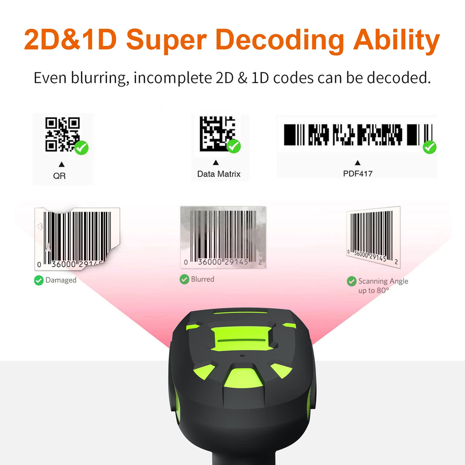 Alacrity 2D Industrial Wireless Barcode Scanner with Charging Stand, Bluetooth Drop Resistant, 1968 Feet Transmission Distance 433Mhz QR 1D Bar Code Reader