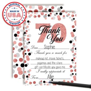 Amanda Creation Confetti Rose Gold Polka Dot 70th Birthday Themed Thank You Notes, Ten 4" x 5.5" Fill In the Blank Cards with 10 White Envelopes