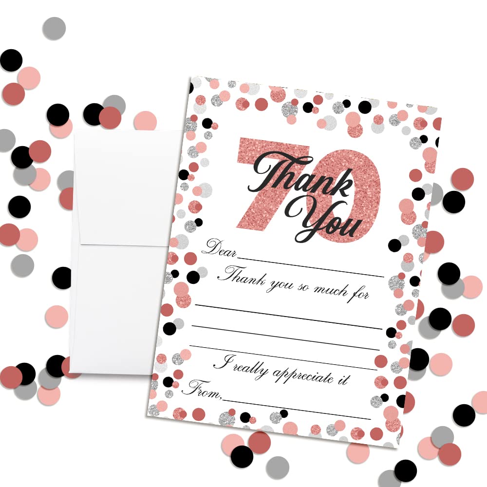 Amanda Creation Confetti Rose Gold Polka Dot 70th Birthday Themed Thank You Notes, Ten 4" x 5.5" Fill In the Blank Cards with 10 White Envelopes