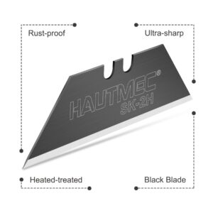 HAUTMEC Utility Knife Blades, 10-Pack with Dispenser, Standard Replacement Blades for Heavy Duty Utility Knives and Box Cutters, Sharper SK2H Black Blades HT0265-KN