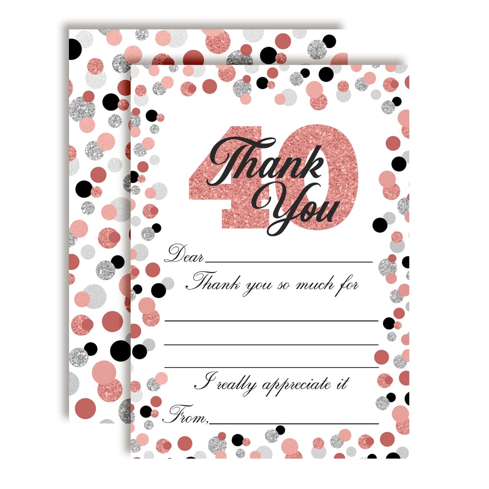 Amanda Creation Confetti Rose Gold Polka Dot 40th Birthday Themed Thank You Notes, Ten 4" x 5.5" Fill In the Blank Cards with 10 White Envelopes