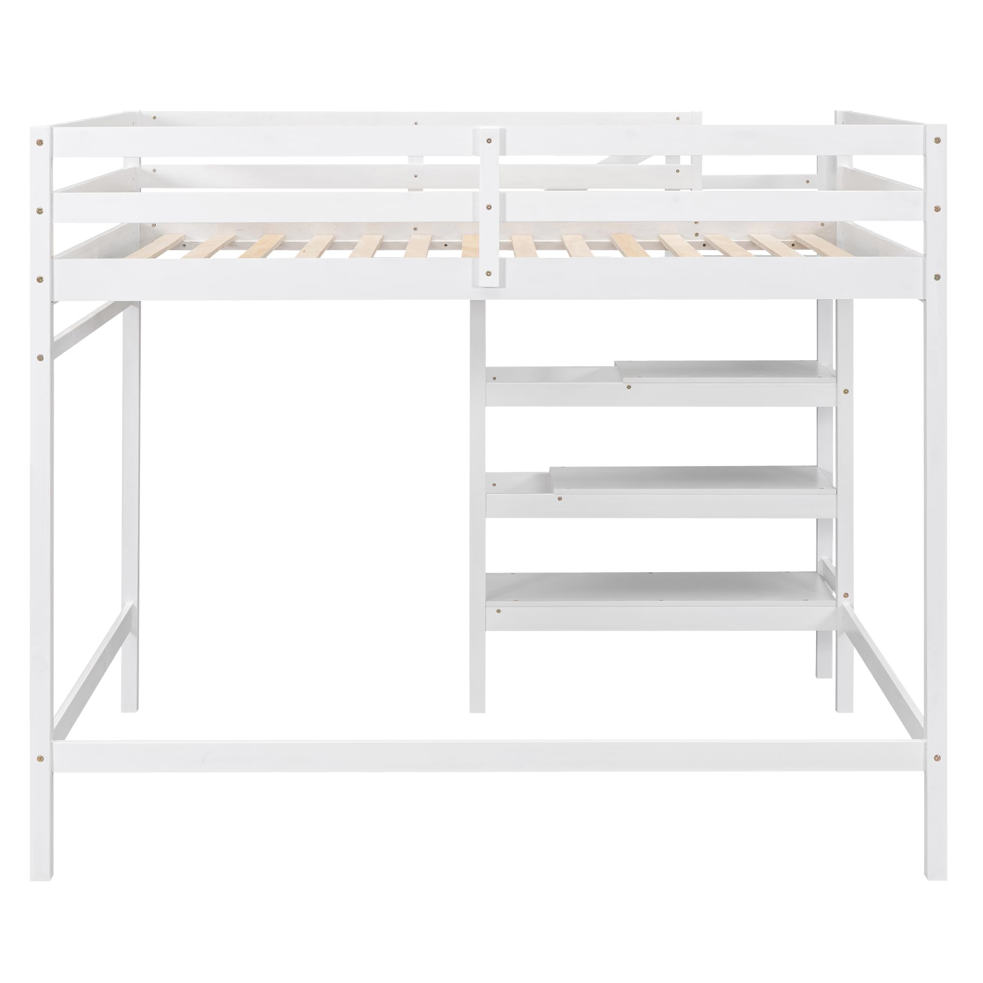 Full Loft Bed with Stairs Wood Frame Storage Shelves and Hanging Rod White Beds for Kids Boys Girls Adults Teens Dorm Bedroom, Full Size White With Stairs