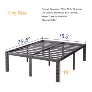 Bednowitz King Size Bed Frame, 18 Inch High Metal Bed Frame, Noise-Free Platform Bed No Box Spring Needed, 4000lbs Heavy Duty Support Mattress Foundation, Easy Assembly, Black