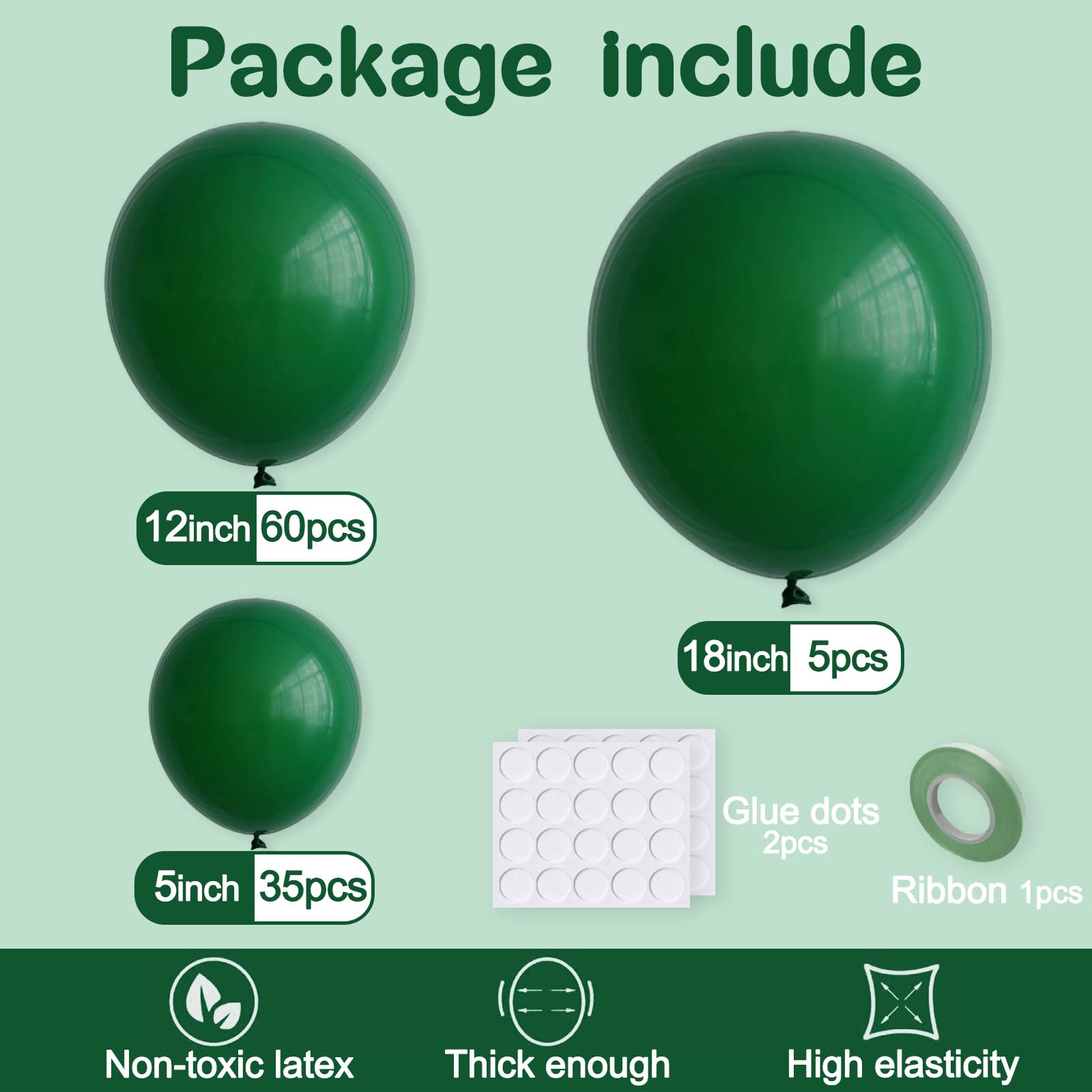 Dark Green Balloon Arch Kit, Thickened 100Pcs Green Balloons Different Sizes 18/12/5 Inch for Birthday Party Graduation Bachelorette Anniversary Wedding Gender Reveal Baby Shower Decorations Supplies