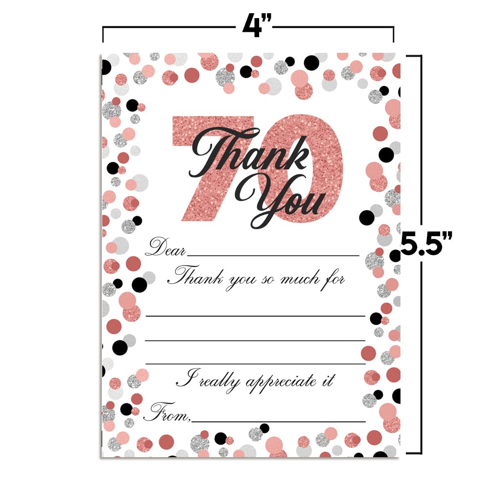 Amanda Creation Confetti Rose Gold Polka Dot 70th Birthday Themed Thank You Notes, Ten 4" x 5.5" Fill In the Blank Cards with 10 White Envelopes