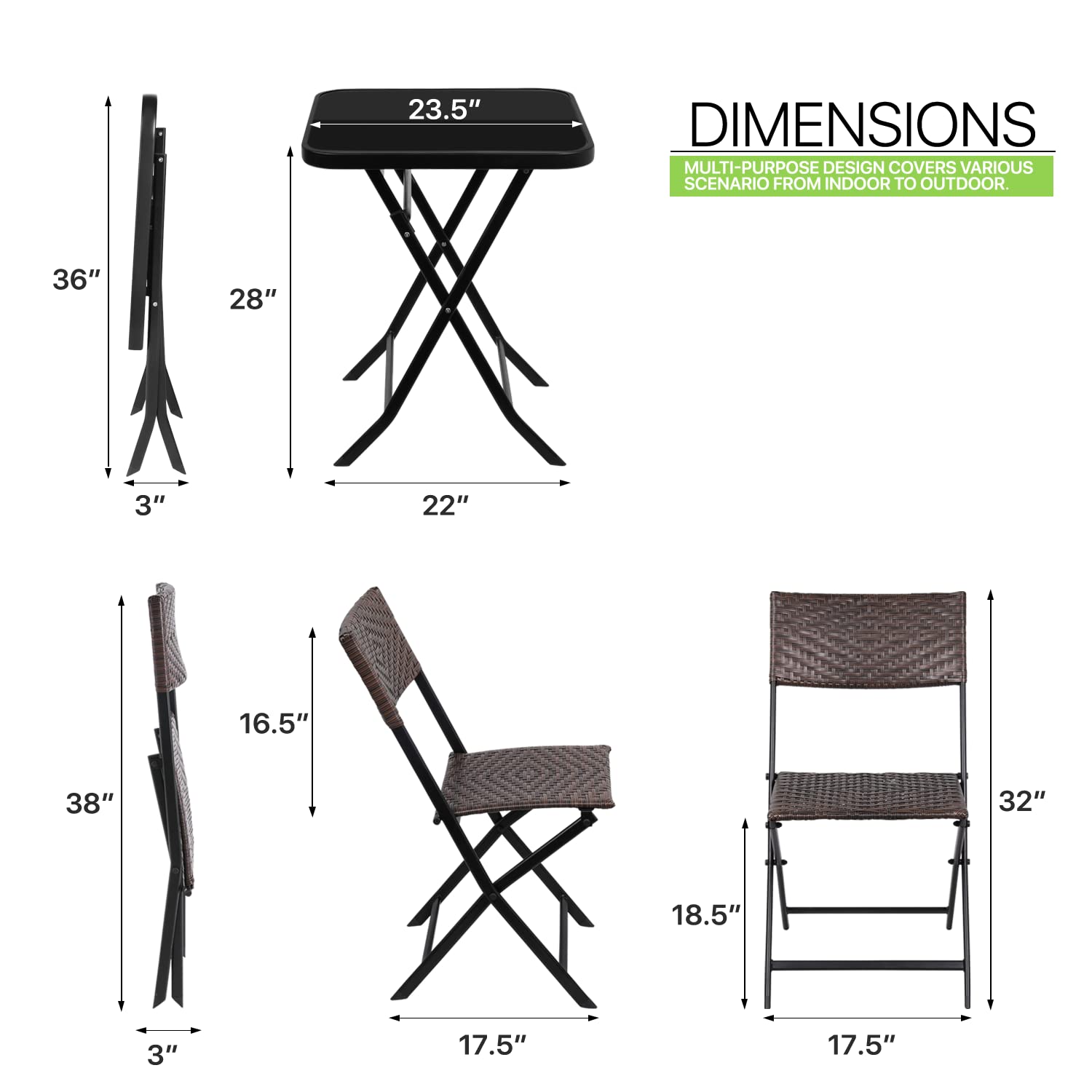 Magshion Patio Furniture Set of 3 Foldable Chair Outdoor Conversation Sets Foldable Coffee Table Lawn Balcony Poolside Backyard Bistro Set