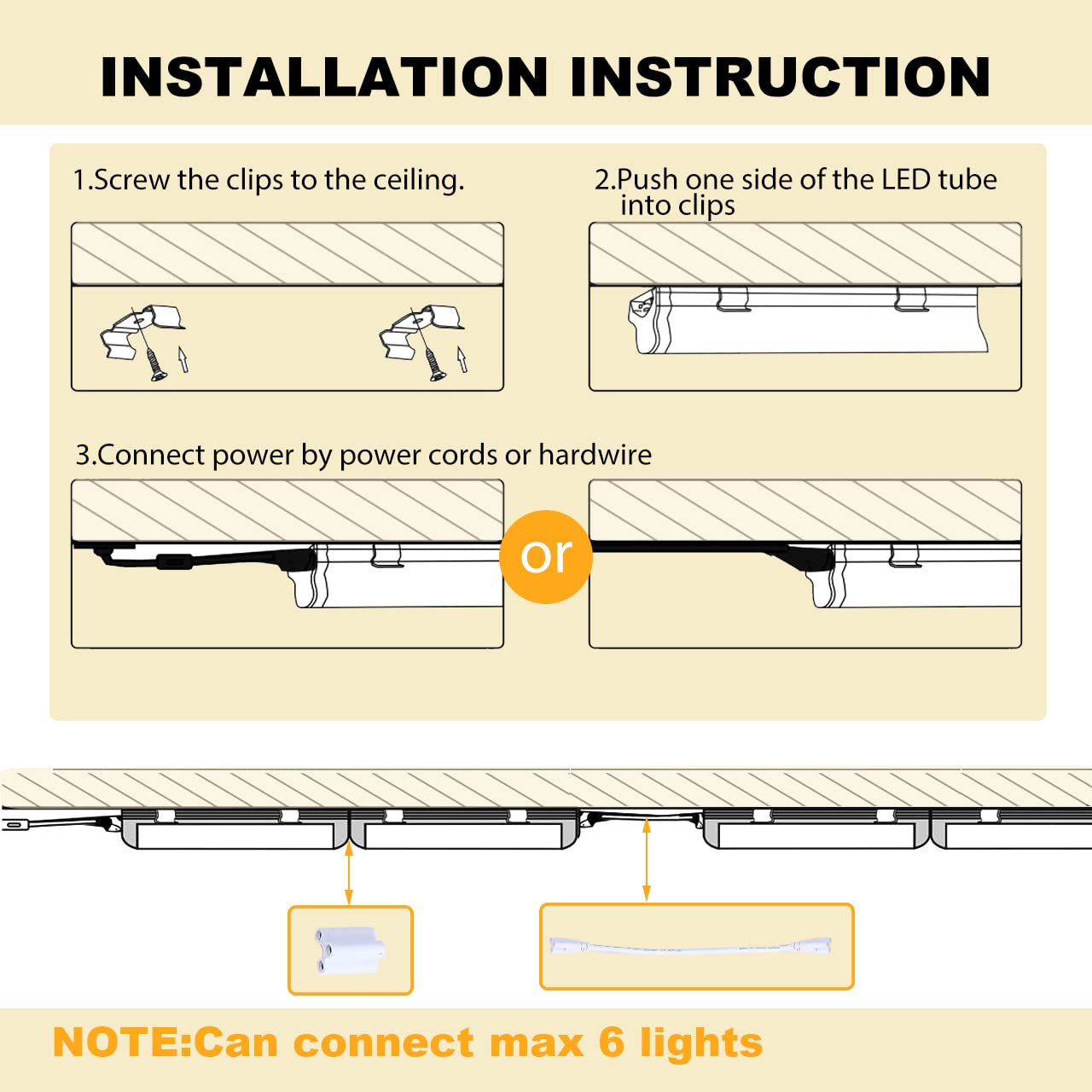 6 Pack T8 Led 4FT 60W Integrated V Shaped Shop Light,Linkable White Daylight 6000k LED Strip Lights Fixture for Garage, Indoor Tube Light for Living Room with On/Off Switch Cable Clear Cover